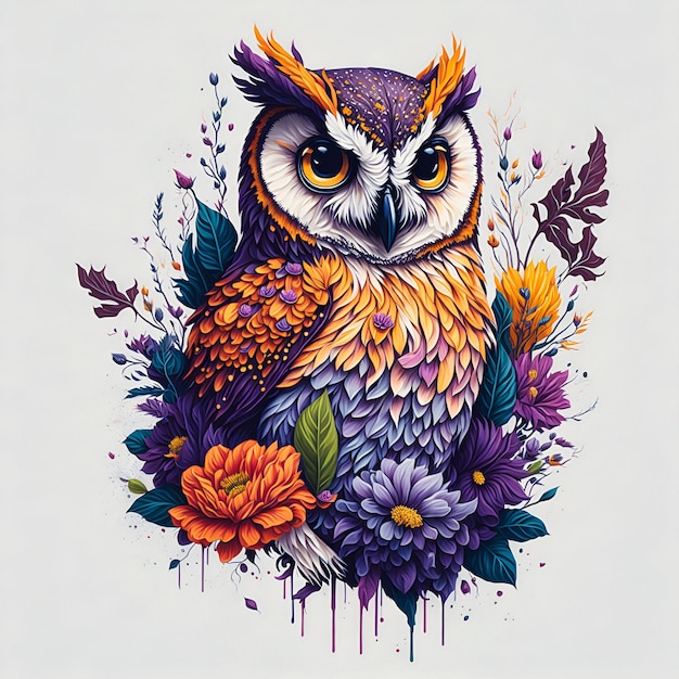 Design of an Owl on a Branch of Flowers Generative AI