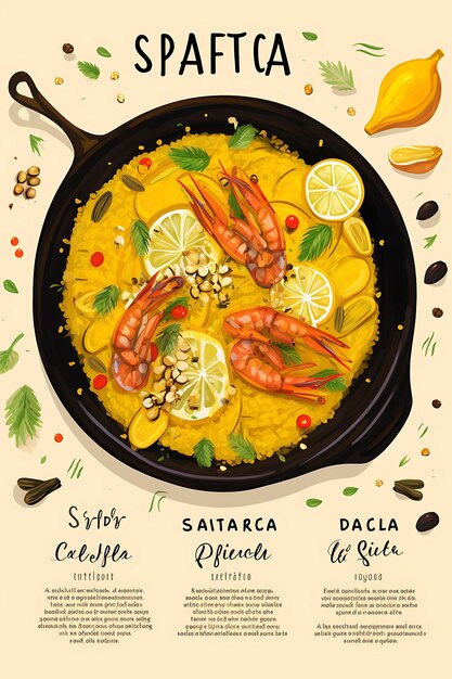 Design of paella menu vibrant yellow color with illustrations of saf flat 2d creative art ideas