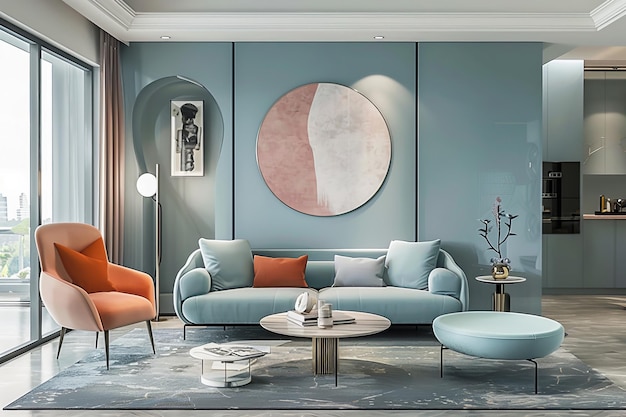 Design Pastel Blue Art Deco style apartment interior and modern living room