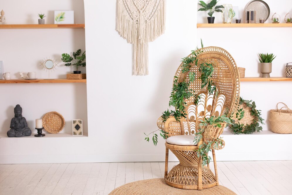 Premium Photo | Design peacock wicker chair in stylish bedroom interior