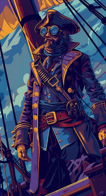 Design of Pirate Captain in Goggles and Leather Trenchcoat on Rigged S Banner Ads Poster Flyer Art