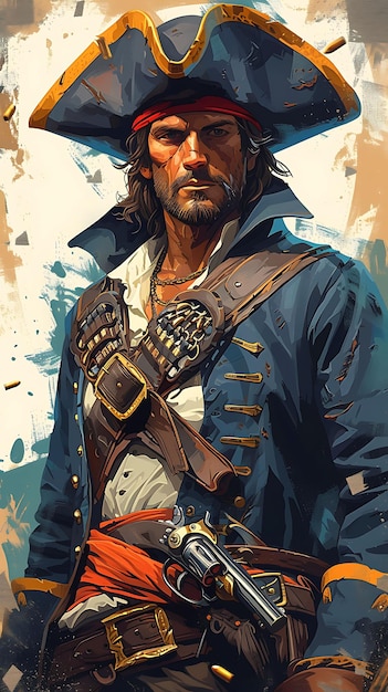 Дизайн пиратского воина с кожей и пистолетом с флинтлоком с баннерами, рекламой, плакатами, флаерами.