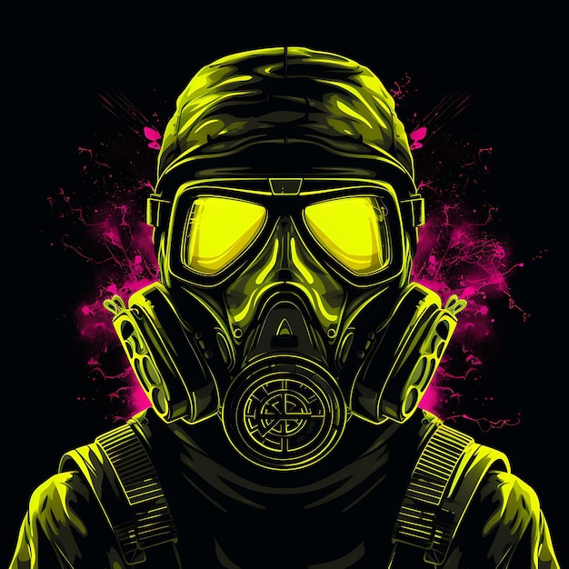 Design of Post Apocalyptic Steampunk Vibrant Neon Lines Gas Masks Pale Clipart Tshirt Design Glow