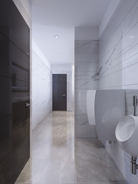 Progettazione di un bagno pubblico in marmo bianco e nero. rendering 3d