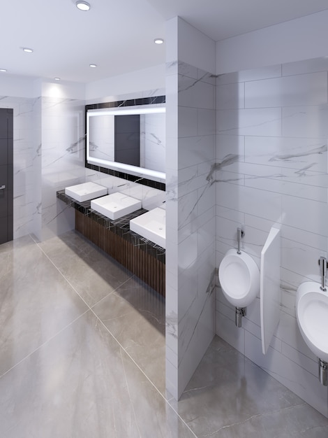 Progettazione di un bagno pubblico in marmo bianco e nero. rendering 3d