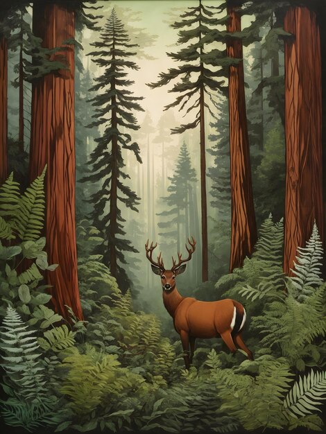 Design of Redwood Forest With a Deer Ferns 2D Flat Ink Art ai generated