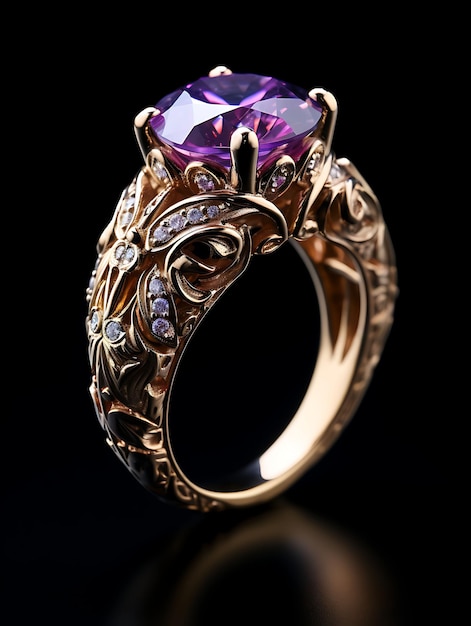 Photo design of renaissance inspired amethyst cocktail ring gold plated silv isolated concept ideas art