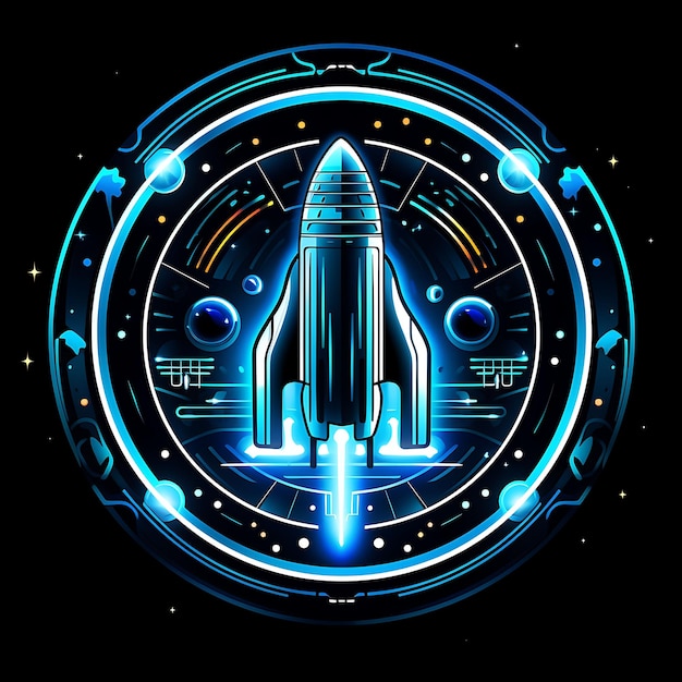 Foto disegno di navicella futuristica blu circolare linee di neon astronauta dec clipart t-shirt design glow