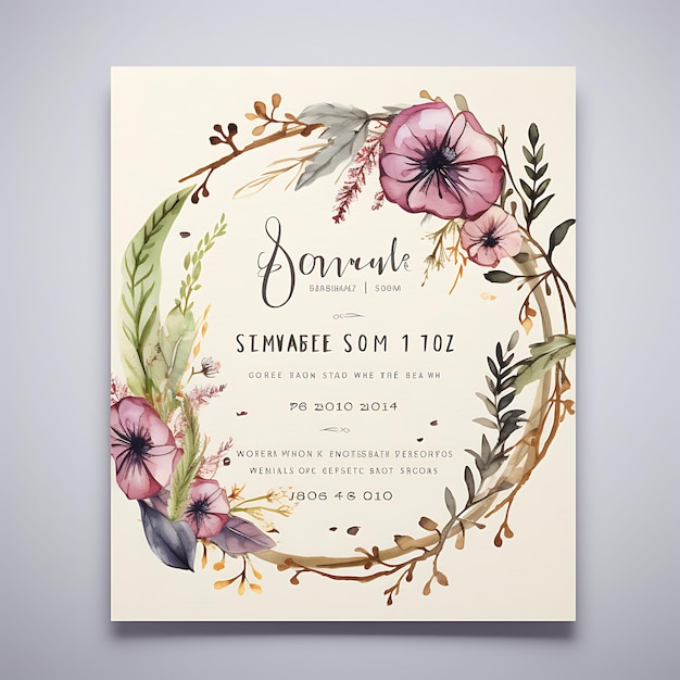 Photo design of rustic floral wreath wedding invitation card circular shape 2d art flat clipart typo