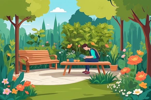 Design a scene of a person working in a garden or outdoor space