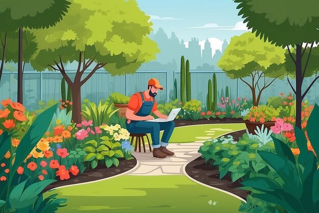 Design a scene of a person working in a garden or outdoor space