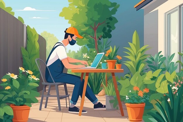 Design a scene of a person working in a garden or outdoor space