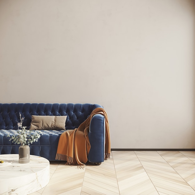 Design scene with a blue sofa 3d render