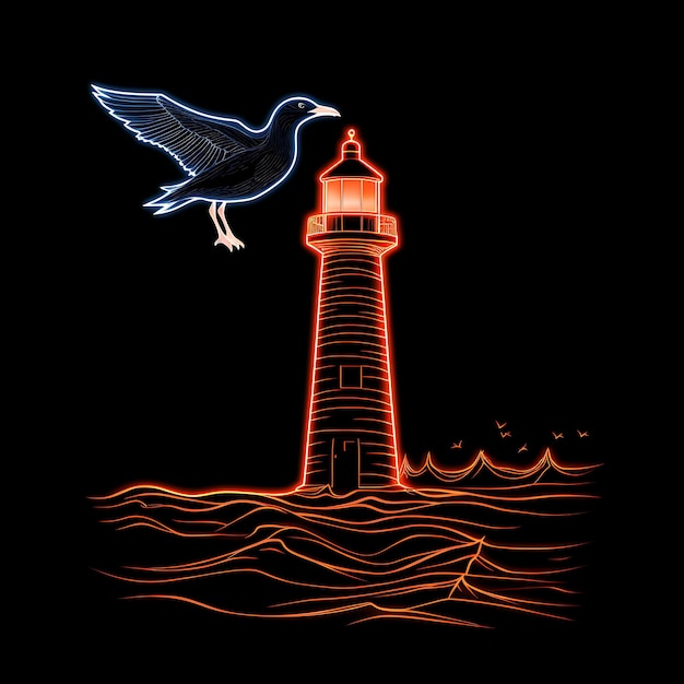 Design of Seagull Coastal Gray Soaring Neon Lines Lighthouses Soaring Clipart Tshirt Design Glow