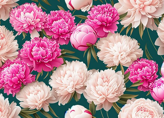 Design a seamless pattern background featuring a bouquet of elegant and romantic peonies in various shades of pink and white symbolizing beauty and grace