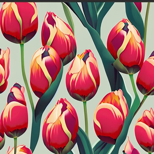 Design a seamless pattern background showcasing a variety of elegant and graceful tulips in different