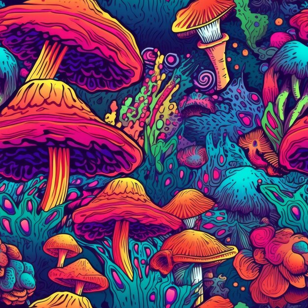 Design a seamless pattern of vibrant psychedelic mushrooms featuring