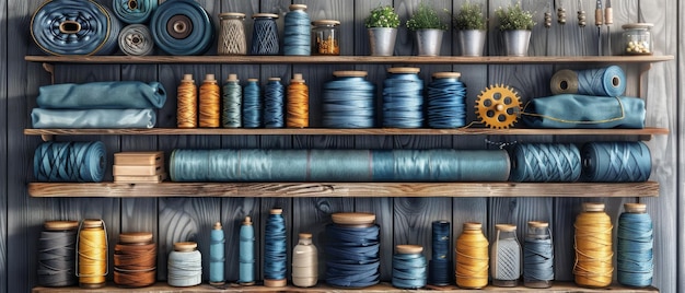 Photo design for seamstress39s room sewing and needlework supplies on wooden shelf such as a reel of thread centimeter fabric thimble and scissors ripper toothed wheel needle and pin for sewing and