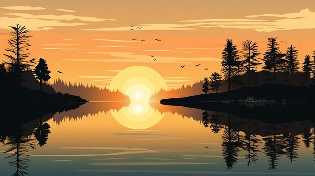 Photo design a serene sunset scene over a tranquil lake with reflections on the water