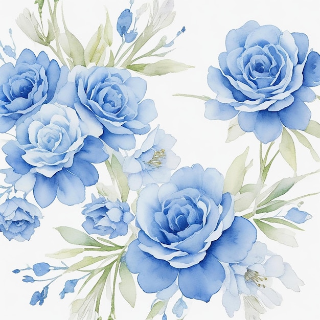 同じテーマのカラーで白い背景に小さな水彩の青い花の背景の束をデザインします