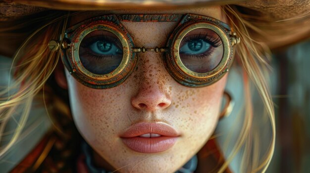 Design of steampunk poster with goggles and top hat girl illustration in 3D