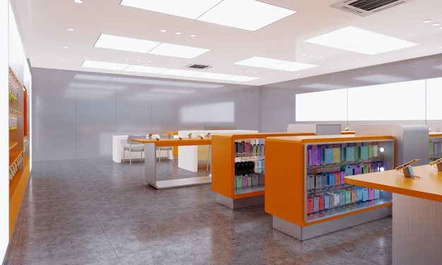 design store selling mobile phones and accessories in the interior in orange color 3d rendering