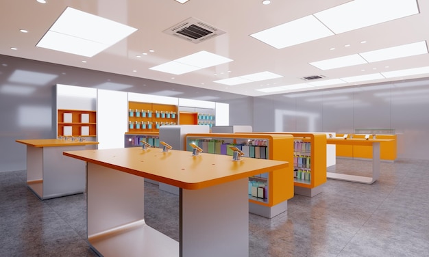 design store selling mobile phones and accessories in the interior in orange color 3d rendering