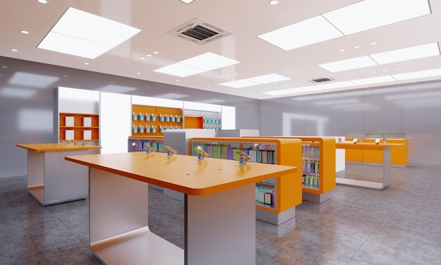 Design store selling mobile phones and accessories in the interior in orange color 3D rendering