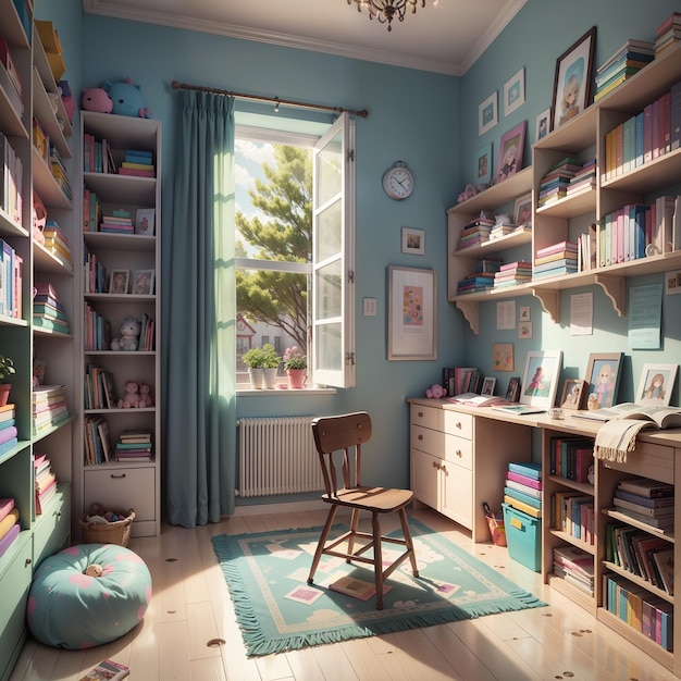 Design a study room equipped with bookshelves and a window