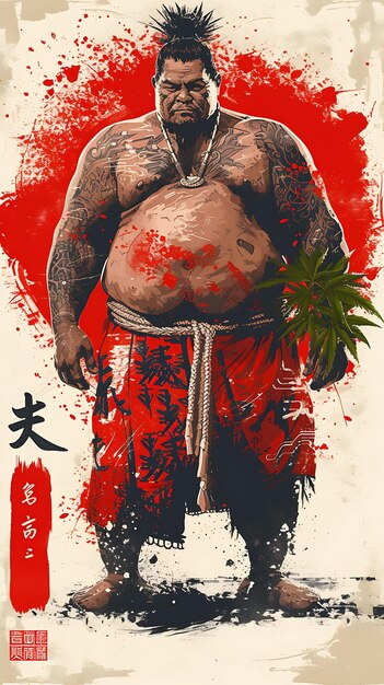 Design of sumo warrior with mawashi and fighting spirit with powerful banner ads poster flyer art