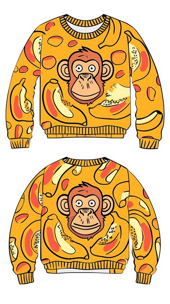 Photo design of sweater with a monkey face on the chest surrounded b outline collage art concept idea