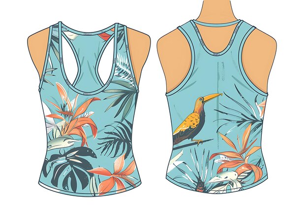 Design of Tank Top With Tropical Bird Designs on the Back With Outline Art Creative Concept Ideas