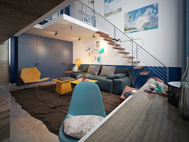 Дизайн подростковой комнаты в стиле лофт с диваном и телевизором и лестницей на второй уровень.