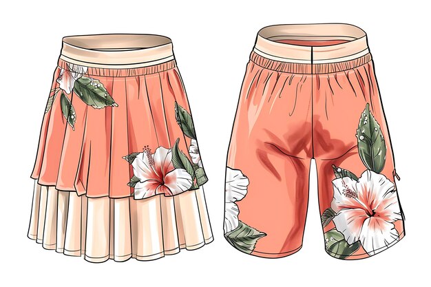 Design of Tennis Skirt With Hibiscus Flower Prints on the Hem Outline Art Creative Concept Ideas