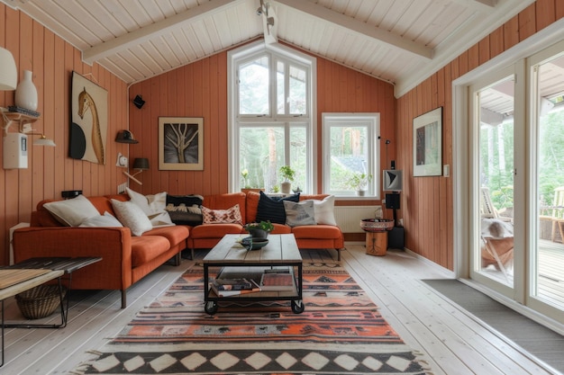 디자인 테라코타 스칸디나비아 스타일의 집 인테리어와 현대적인 거실