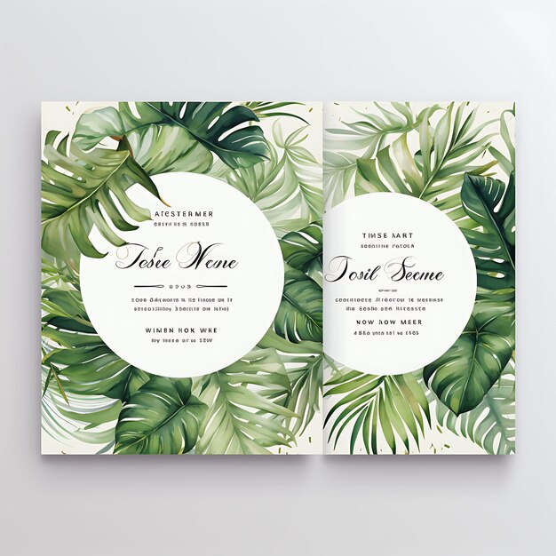 Photo design of tropical leaf wedding invitation card circle shape recycled 2d art flat clipart typo