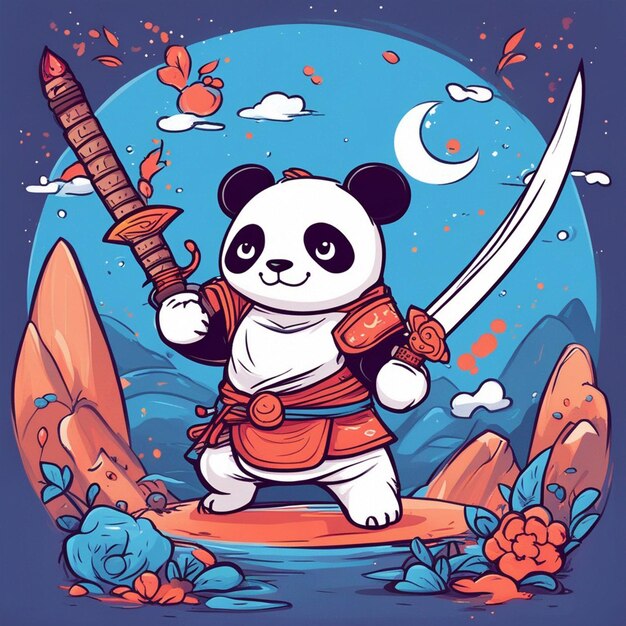 Foto design tshirt grafica simpatico cartone animato panda samurai katana spada wilding full white kids style whi