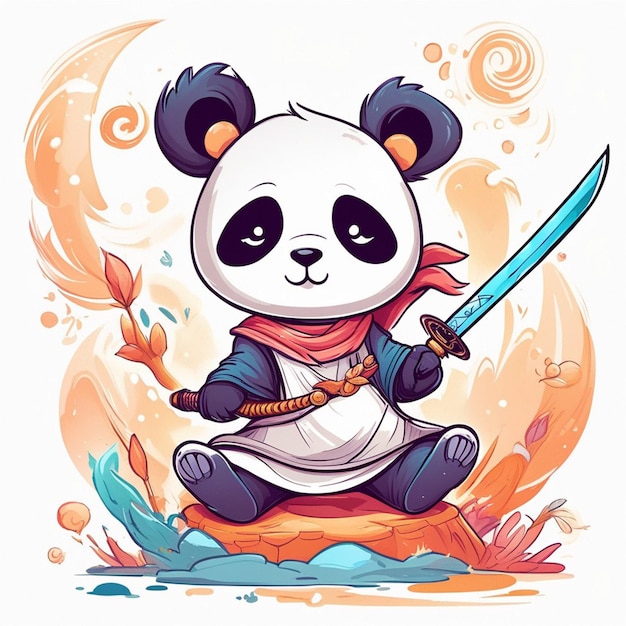 дизайн футболки графический милый мультфильм панда самурай катана меч дикий полный белый детский стиль