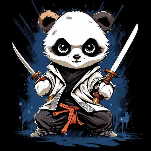 Photo design tshirt graphic cute cartoon panda samurai katana sword wilding full white kids style