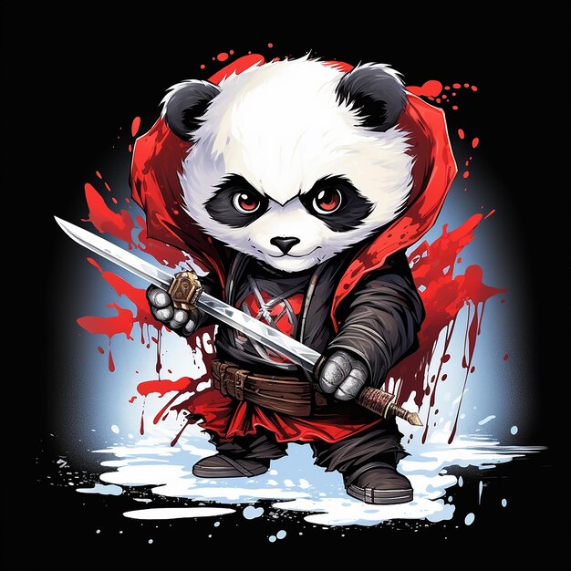 Design tshirt graphic cute cartoon panda samurai katana sword wilding full white kids style