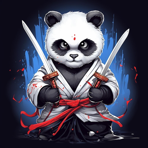 Photo design tshirt graphic cute cartoon panda samurai katana sword wilding full white kids style