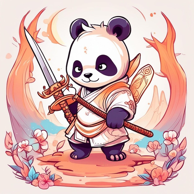 Design tshirt graphic cute cartoon panda samurai katana sword wilding full white kids style