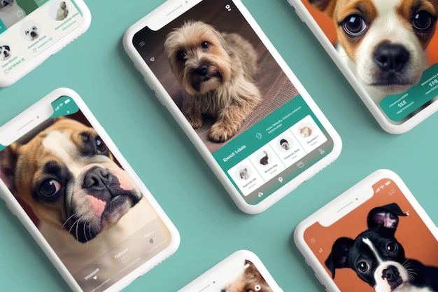 Design a UIUX for a pet care app showcasing various pet services in separate tabs