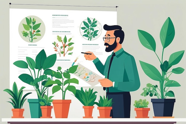 Design a vector graphic of a teacher explaining the principles of genetic modification in plants vector illustration in flat style