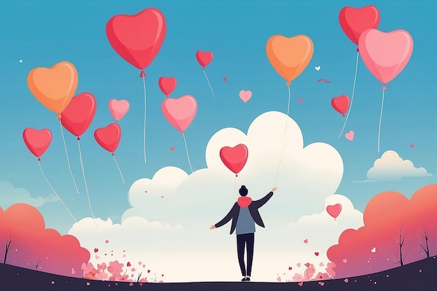 Design a vector of a person releasing selflove balloons into the sky