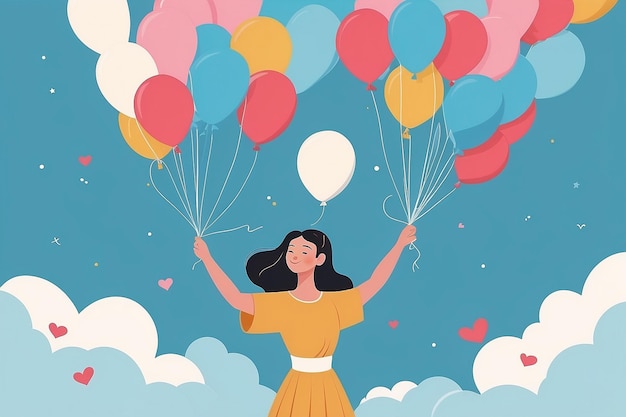 Design a vector of a person releasing selflove balloons into the sky