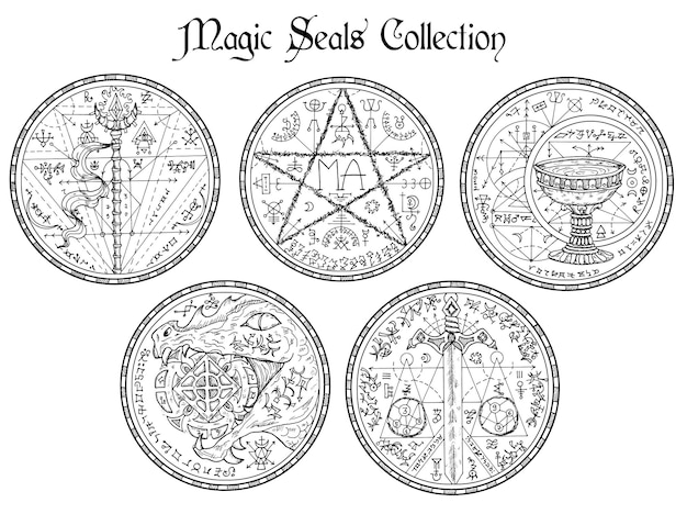 Design vector set with black and white magic seals and mystic symbols