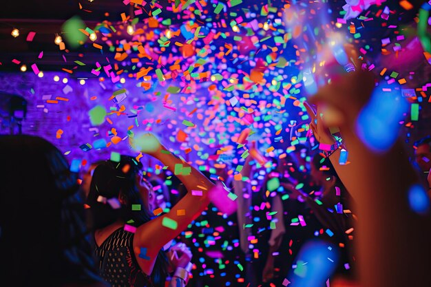 Foto progetta una vivace celebrazione piena di confetti con luci al neon luminose