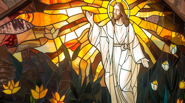 Design a vibrant stained glass window depicting the Resurrection with Jesus emerging from the tomb