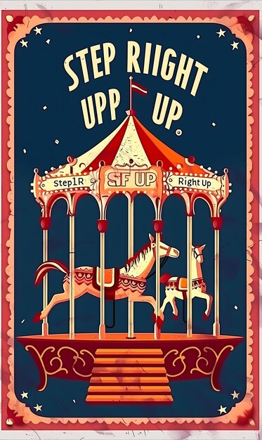 Photo design of vintage circus postcard with carousel frame step right up te concept idea creative art